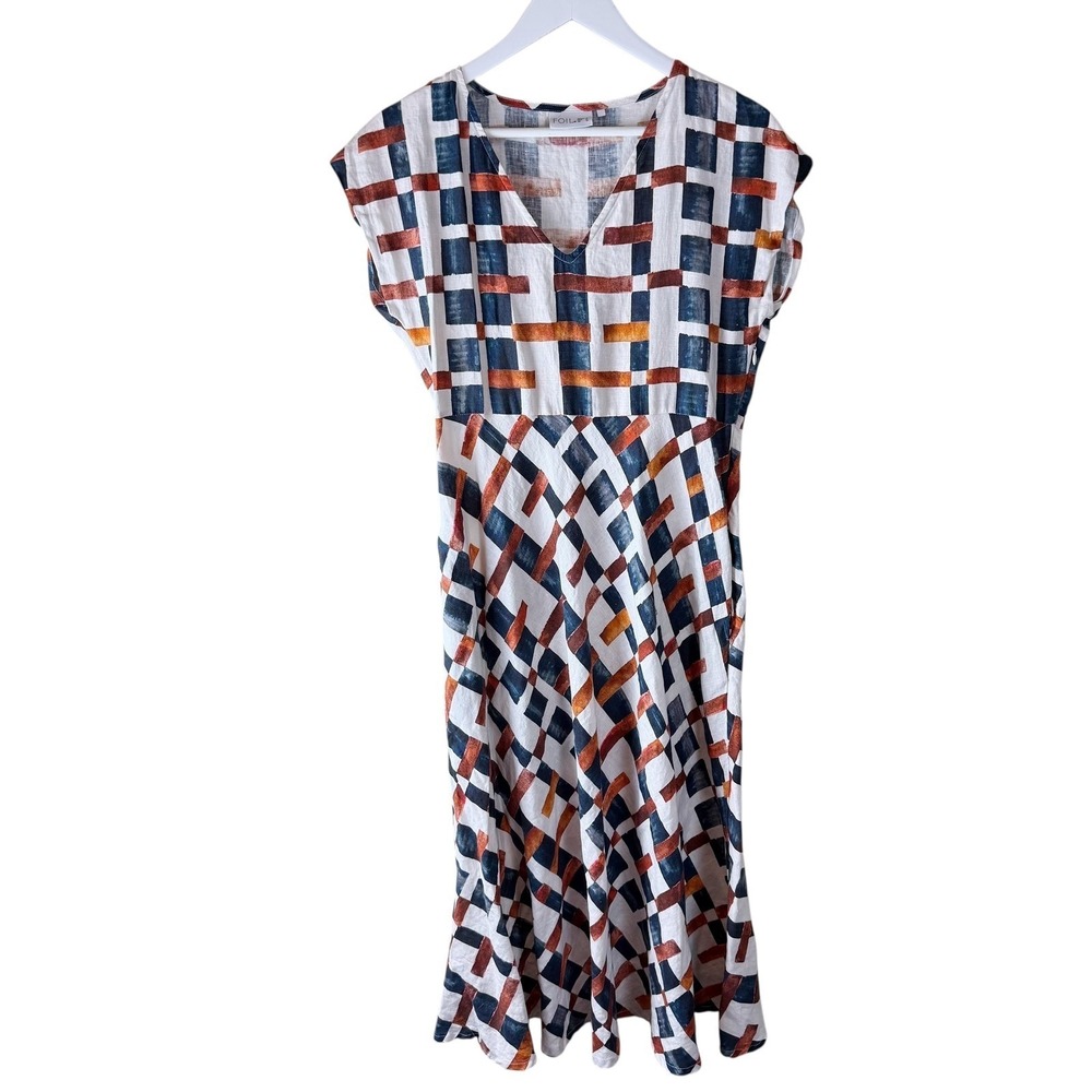FOIL Linen Midi Dress Womens 6 Abstract‎ Geometric Brushstroke V-Neck Pockets